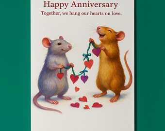 Two Rats - Together we hang our hearts on love - Happy Anniversary Card - Funny Animal - Premium Greeting Card Envelope - Personalised card
