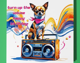 80s Chihuahua dog Happy Birthday Card - Funny Animal - Premium Greeting Card & Envelope - Personalised Dog card - Dad Son Sister Friend