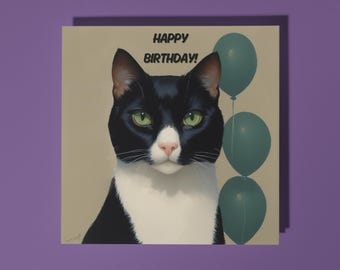 Handmade Sleek and elegant tuxedo cat  - Happy Birthday Card Funny Animal Card Animal Lovers Premium Greeting Card & Envelope