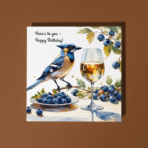 Handmade Schöner blauer Vogel mit einem Glas Weißwein! Geburtstagskarte Lustige Tierkarte Tierliebhaber Premium Grußkarte und Umschlag