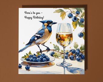 Handmade Beautiful blue bird with a glass of white wine! Birthday Card Funny Animal Card Animal Lovers Premium Greeting Card and Envelope