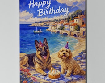 German Shepherd and Cockapoo Personalised Birthday Card, Coastal Picnic Dog Card