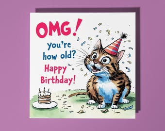 Handmade Cute surprised Сat Happy Birthday Card - Funny Animal Card Animal Lovers Premium Greeting Card With White Envelope