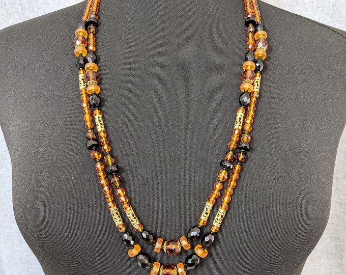 Lovely Vintage Jewellery Brown Colour Glass Two Strands Necklace
