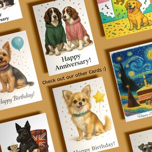 May include: A collection of greeting cards with various dog illustrations. One card reads "Happy Anniversary!" with two dogs wearing hoodies. Other cards say "Happy Birthday!" and "Thank you!"