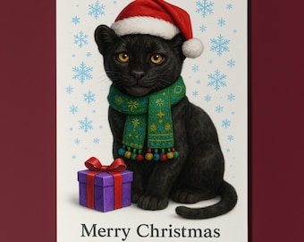 Fluffy Crew - Festive Panther Cub with a Gift Merry Christmas Card - Funny animals -  Premium Greeting Card Envelope Personalised - Friends