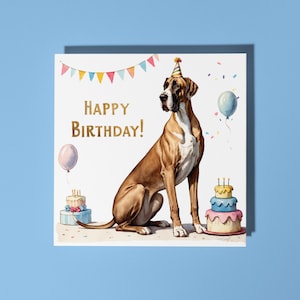 Feito à mão bonito cão raça Dogue Alemão com bolo feliz aniversário! Cartão engraçado animal cartão amantes dos animais cartão de felicitações premium e envelope