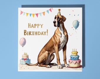 Handmade Cute Great Dane Dog breed With Cake Happy Birthday ! Card Funny Animal Card Animal Lovers Premium Greeting Card & Envelope
