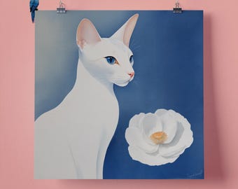 Elegant White Oriental Cat Flower Pet Portrait Wall Art Print, Perfect Gift for Pet Lovers, 295mm x 295mm, 300GSM Matte Paper, Unframed
