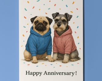 Dog Breeds Collection - Pug and Schnauzer Dogs - Anniversary Card - Funny Animal - Premium Greeting Card & Envelope - Personalised card
