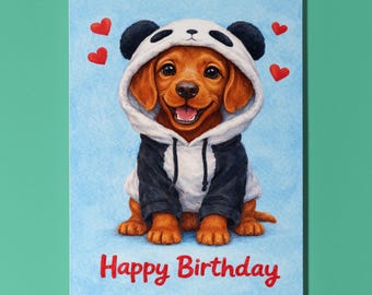 Vizsla Dog Panda Hoodie Birthday Card, Blank Interior Greeting, UK Made 19.5x13cm