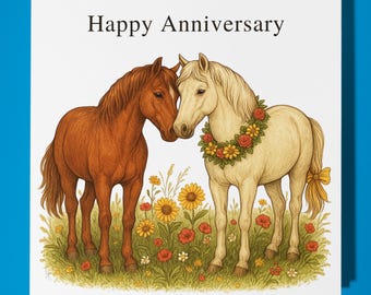 Two Beautiful Horses  - Happy Anniversary Card - Funny Animals - Premium Greeting Card and Envelope Personalised card - Couple Husband Wife