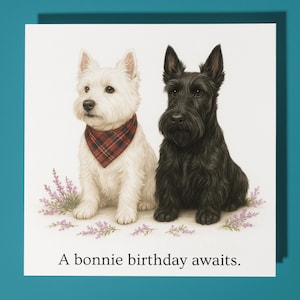 West Highland White Terrier e Scottish Terrier - Cartão de Feliz Aniversário - Cartão de Saudações Premium e Envelope - Cartão de Cachorro Engraçado Personalizado