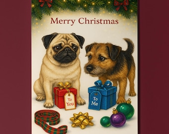 Pug and Border Terrier Dogs - Merry Gift Negotiations - Merry Christmas Card - Funny Dogs - Premium Greeting Card & Envelope - Personalised