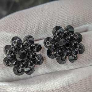 Lovely Vintage Germany Jewellery Black Glass Bead Clip on Earrings