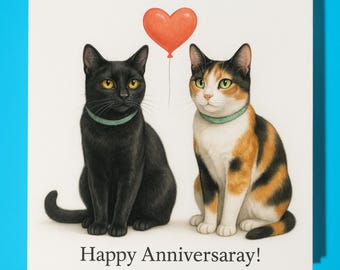 Cat Breeds Collection - Calico and Black Cats -  Happy Anniversary Card - Premium Greeting Card & Envelope - Personalised card - Couple