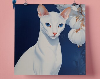 Elegant White Oriental Cat Flower Pet Portrait Wall Art Print, Perfect Gift for Pet Lovers, 295mm x 295mm, 300GSM Matte Paper, Unframed