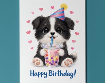 Kawaii Art Border Collie puppy Sweet Boba Sip Bubble Tea Happy Birthday Card Premium Greeting Card Envelope Personalised Dog Breeds