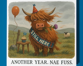 Scottish Cow - Happy Birthday Card - Funny Animal - Premium Greeting Card Envelope - Personalised Birthday card - sister daughter friend Dad