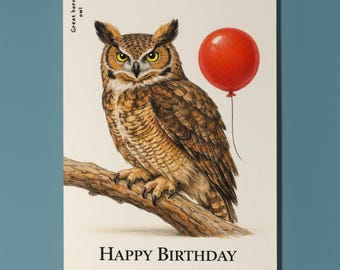 Animal Hugs Series Great horned owl: Whooo is having a birthday? Card Premium quality Greeting Card and Envelope Personalised Friends