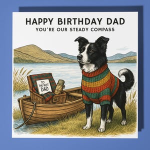 Border Collie - Eres nuestra brújula firme - Tarjeta de feliz cumpleaños, papá - Sobre premium para tarjetas de felicitación - Tarjeta personalizada con un perro divertido - Padre