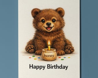Animal Hugs Collection Honey Bear Cake Emergency Happy Birthday Card  Premium Card and Envelope Personalised Friends Family members Son