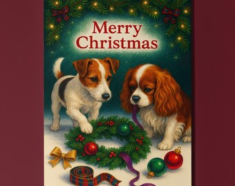 Cavalier King Charles Spaniel Jack Russell Terrier - Santa’s Helpers Christmas Card - Funny Dogs Premium Greeting Card Envelope Personalised