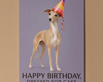 Whippet Personalised Birthday Card, Funny Dressed For Cake Dog Gift