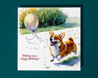 Handmade Cute Corgi Dog With Balloon Wishing you a Happy Birthday Card Funny Animal Card Animal Lovers Premium Greeting Card and Envelope