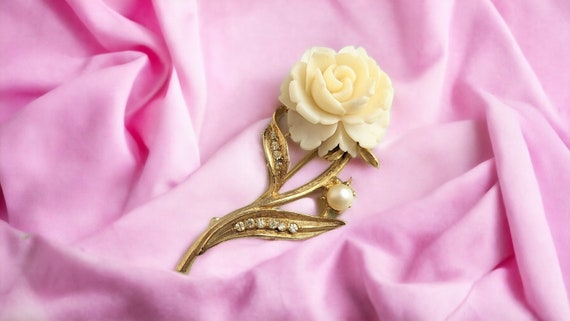 Fabulous Cream tone Rose Celluloid Brooch From B.S.K. Jewellery