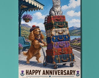 Cocker Spaniel and Tabby Cat Personalised Anniversary Card, Aye Right Just The Essentials