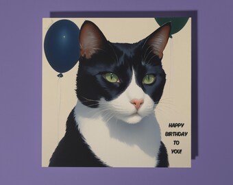 Handmade Sleek and elegant tuxedo cat  - Happy Birthday Card Funny Animal Card Animal Lovers Premium Greeting Card & Envelope