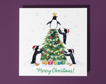 Handmade Funny Penguins Decorating the Christmas Tree Merry Christmas Card  Funny Animal  Premium Greeting Card with White Envelope