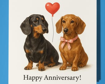 Dachshund dogs and red heart - Anniversary Card - Funny Animal - Premium Greeting Card & Envelope - Personalised Dog card - Wife Husband