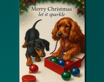 Cocker Spaniel and Dachshund Dogs - Santa’s Helpers - Merry Christmas Card - Funny Dogs - Premium Greeting Card and Envelope - Personalised