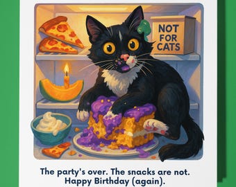 Fine Art Funnies Collection - Tuxedo Cat - The party’s over. - Happy Birthday Card - Premium Greeting Card & Envelope - Personalised card