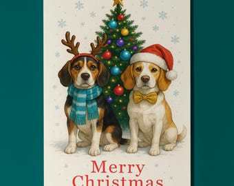 Beagle Dogs Duo  - Merry Christmas Card - Funny Animal - Dog Breeds - Premium Greeting Card and Envelope - Personalised card - Friends