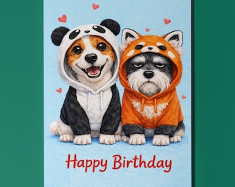 Biglietto d'auguri per il compleanno di un Jack Russell Terrier o di uno Schnauzer, Felpa con cappuccio a forma di panda rosso, Regalo carino e personalizzato per gli amanti dei cani
