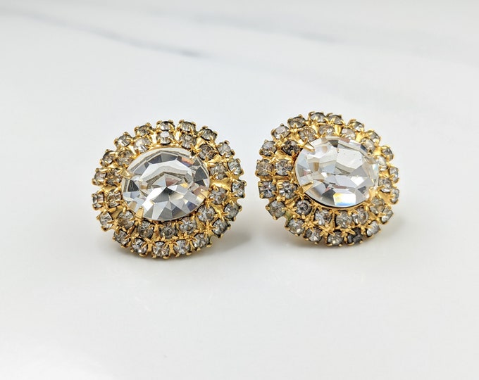 Lovely Vintage Jewellery Gold-tone Rhinestone Stud Push Back Earrings