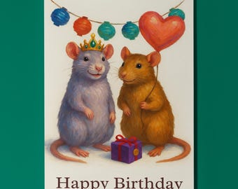 Two rats Celebrating in Style - Happy Birthday Card - Funny Animal - Matte Greeting Card and Envelope - Personalised - Friends