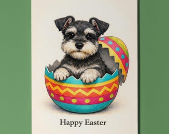 Dog Breeds - Miniature Schnauzer dog - Cracking open a day full of joy! Happy Easter Card Funny Premium Greeting Card Envelope Personalised