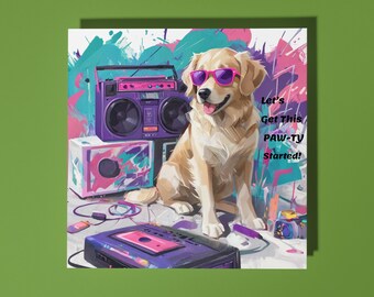 Handmade Retro 80s Golden Retriever - PAW-TY Started! Happy Birthday Card Funny Animal Card Animal Lovers Premium Greeting Card Envelope