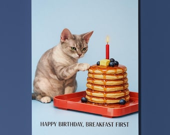 Devon Rex Cat Personalised Birthday Card, Funny Breakfast First Pancake Gift