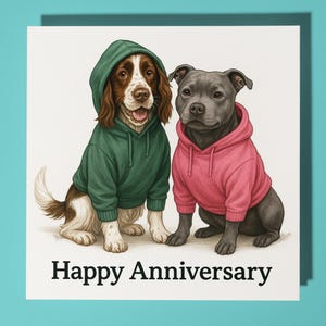 Springer Spaniel e Staffordshire Bull Terrier - Biglietto di auguri di buon anniversario con animali divertenti - Biglietto di auguri premium e busta - Biglietto personalizzato