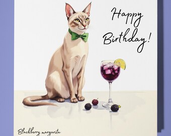 Cocktail collection - Burmese cat - Blackberry margarita - Happy Birthday Card - Premium Greeting Card & Envelope - Personalised card