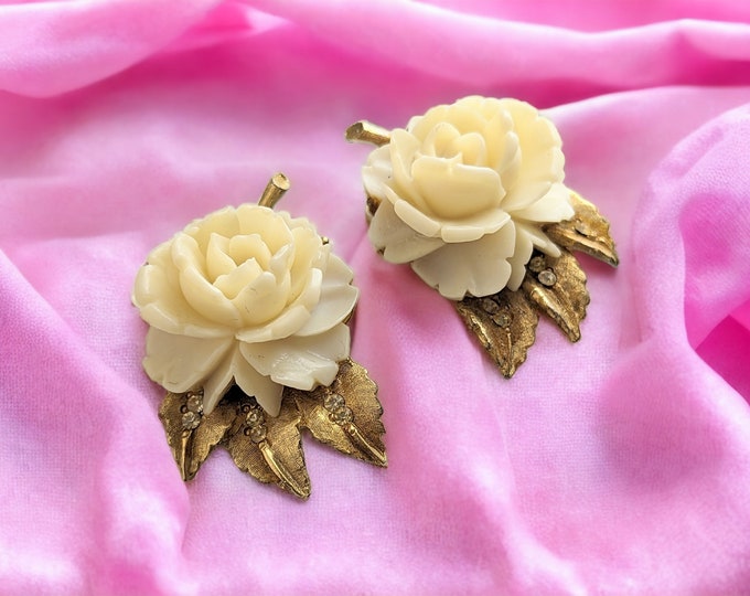 Fabulous Cream tone Rose Celluloid Earrings From B.S.K. Jewellery