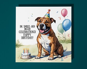 Handmade Staffordshire Bull Terrier Dog breed With Cake Happy Birthday Card Funny Animal Card Animal Lovers Premium Greeting Card & Envelope