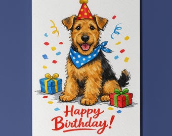 Airedale Terrier Dog Happy Birthday Card - Funny Animal - Premium Greeting Card and Envelope Personalised card -,Dog Breeds - Friends Family