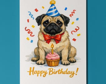 Pug Dog Happy Birthday Card - Funny Animal - Premium Greeting Card & Envelope Personalised card - Dog Breeds - Friends Family members