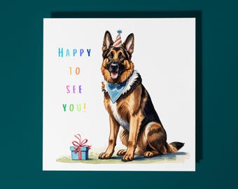 Handmade Cute German Shepherd breed With Cake Happy Birthday Card Funny Animal Card Animal Lovers Premium Greeting Card and Envelope